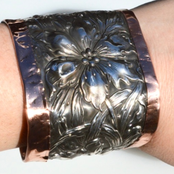 Antique Floral Sterling Silver Copper Cuff Unger - Picture 2 of 7